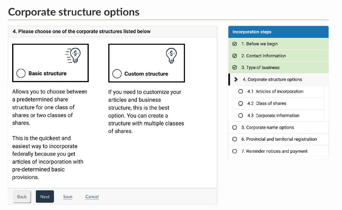 Refined corporation structure options layout.