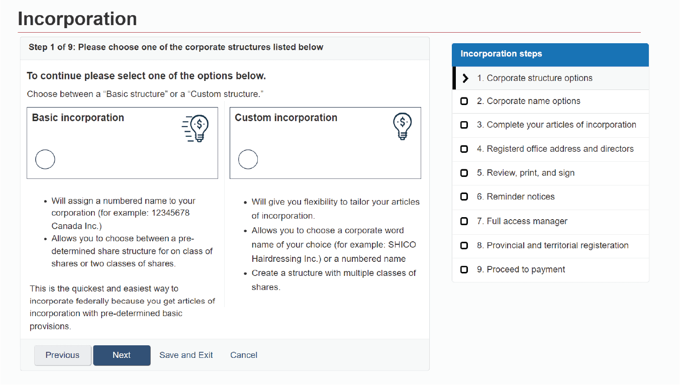 Updated incorporation structure options screen.
