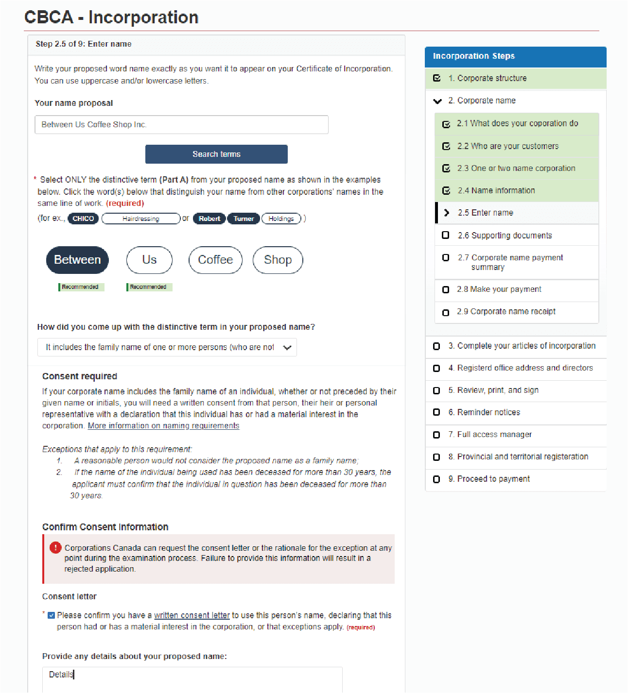 Refined corporation naming screen from the incorporation flow.